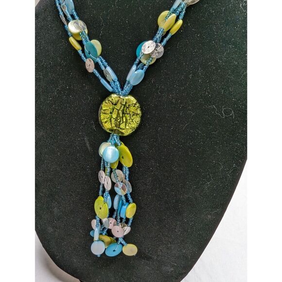 Vintage Multi Strand Seed Bead and Disc Bead Necklace Blue and Green - Picture 2 of 5